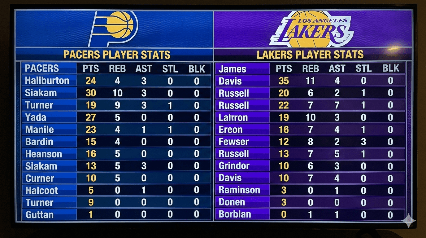 Pacers vs Lakers match player stats