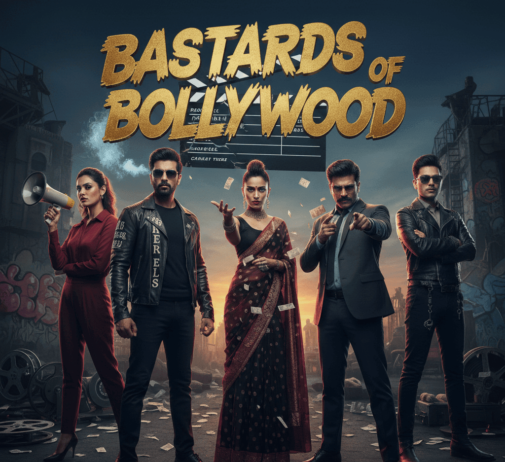 Bastards of Bollywood Netflix style dark luxury visual with orange highlights