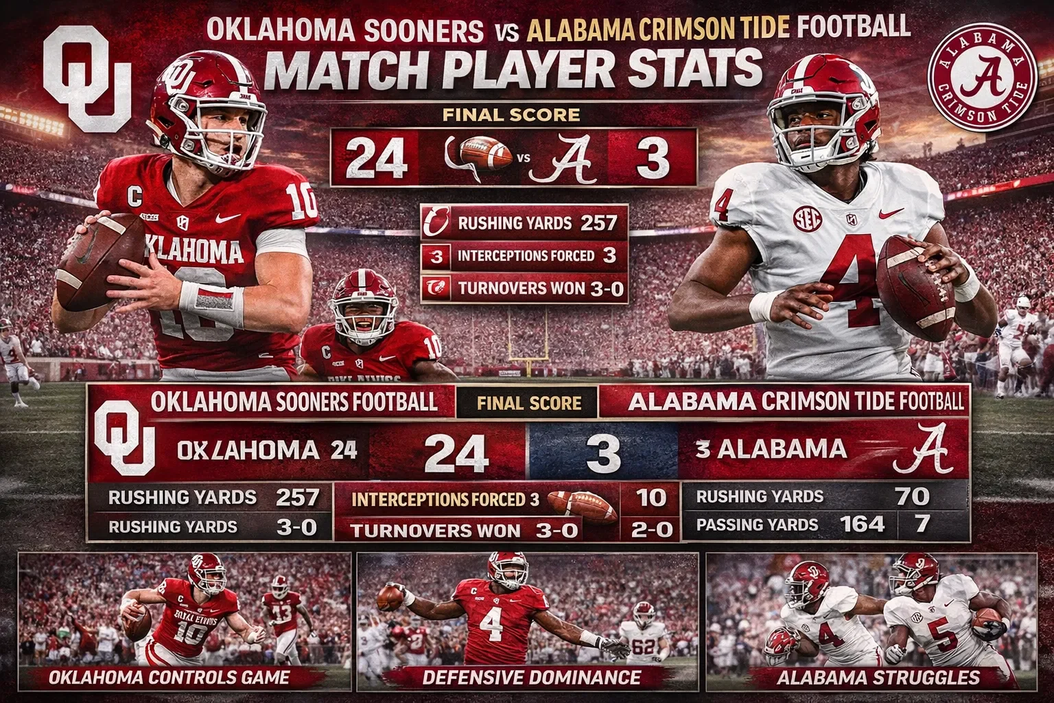 Oklahoma Sooners Football vs Alabama Crimson Tide Football Match Player Stats