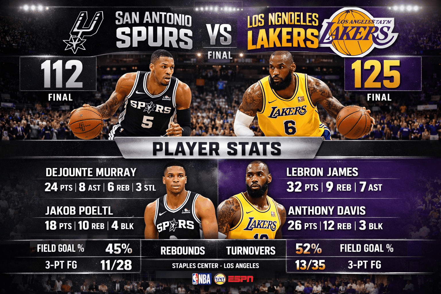 San Antonio Spurs vs Lakers Match Player Stats