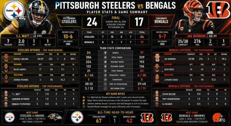 Pittsburgh Steelers vs Bengals Match Player Stats