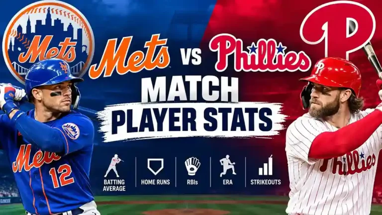 Mets vs Phillies match player stats comparison featuring New York Mets batter in blue jersey and Philadelphia Phillies batter in red jersey with batting average, home runs, RBIs, ERA, and strikeouts icons