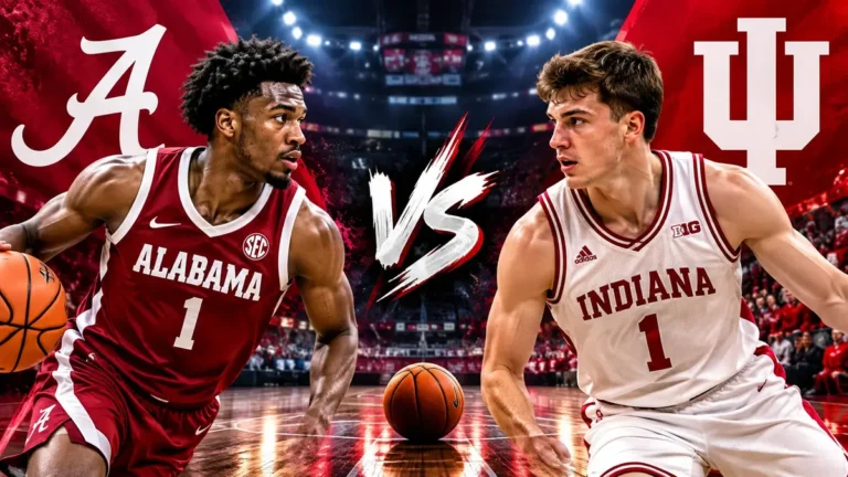 Alabama vs Indiana basketball players facing off in a college basketball matchup