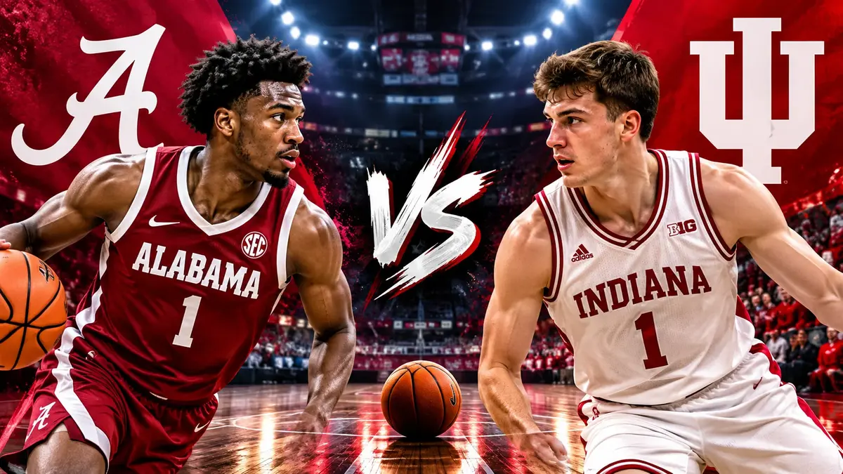 Alabama vs Indiana basketball players facing off in a college basketball matchup